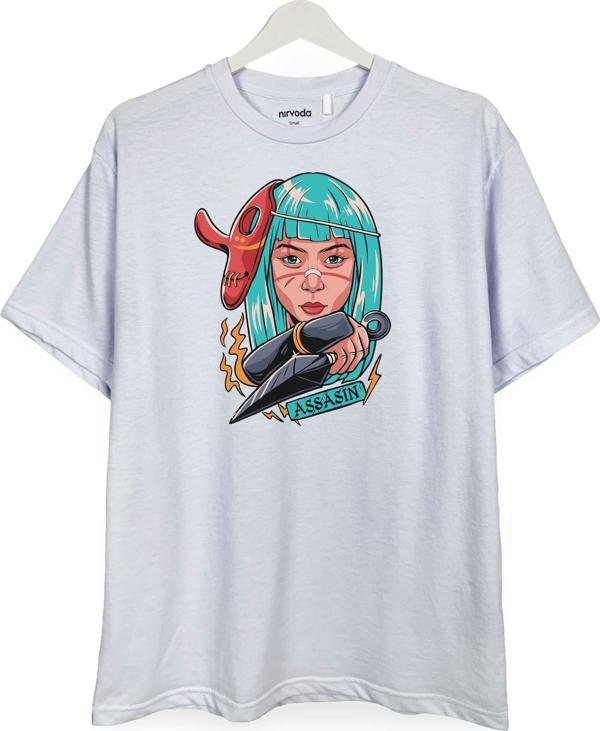 Assasin Turkuaz Saçlı Kız Baskılı Unisex Bisiklet Yaka Tişört - Image 1