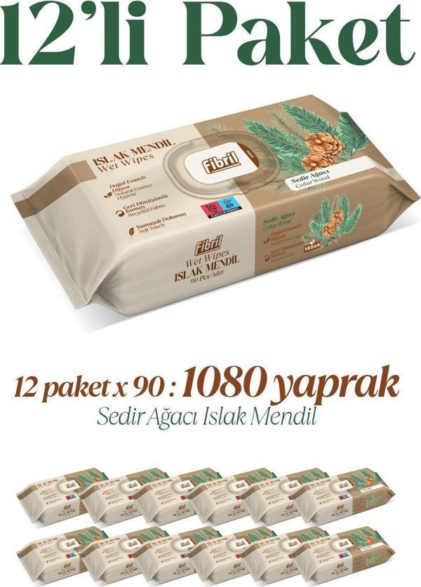 Fibril Sedir Ağacı Kokulu Islak Mendil 12X90 Lı Paket 1080Yaprak Doğal Esans , Geri Dönüştürülebilir Kumaş - Image 1