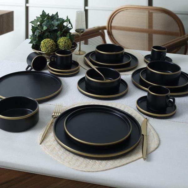 Keramika Mat Siyah Gold Fileli Stackable Yemek / Kahvaltı Takımı 20 Parça 4 Kişilik - Image 1