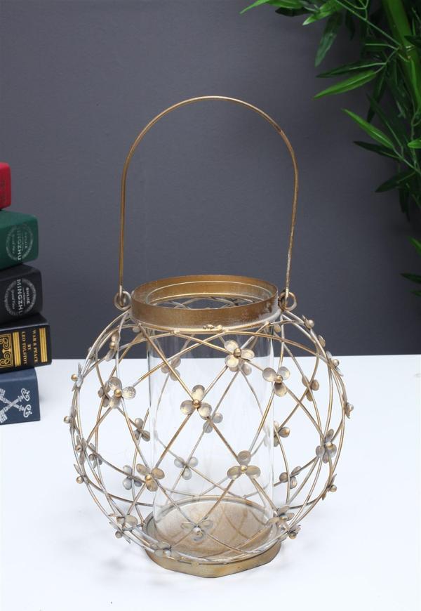 Antik Gold Metal Çiçekli Mumluk Cam Hazneli Saplı Yuvarlak 20cm - Image 1