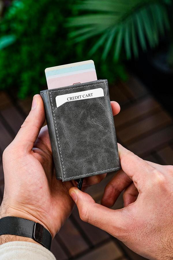 Brahma Model Unisex Vegan Deri Mekanizmalı Vegan Deri RFID Cüzdan Kartlık Portföy Crazy Gri - Image 1