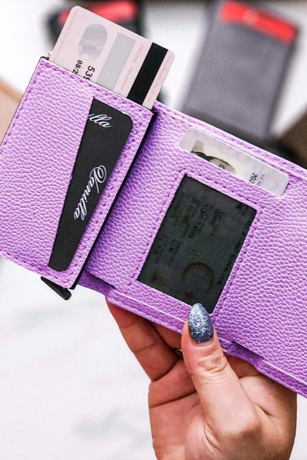 Brahma Model Unisex Vegan Deri Mekanizmalı Vegan Deri RFID Cüzdan Kartlık Portföy Lila - Image 1