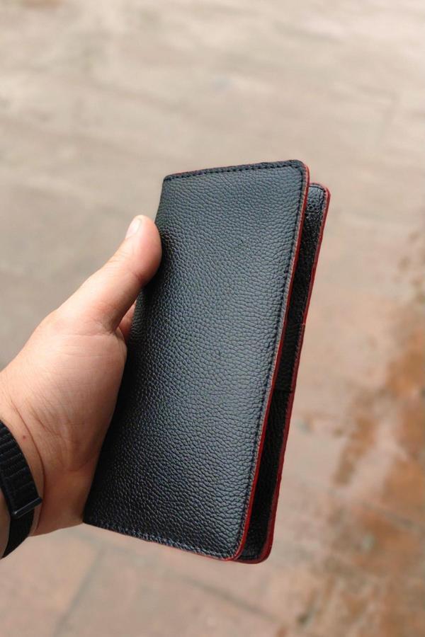 Vclub Model Unisex Telefon Bölmeli Deri Portföy Kartlık Uzun Cüzdan Siyah Kırmızı - Image 1