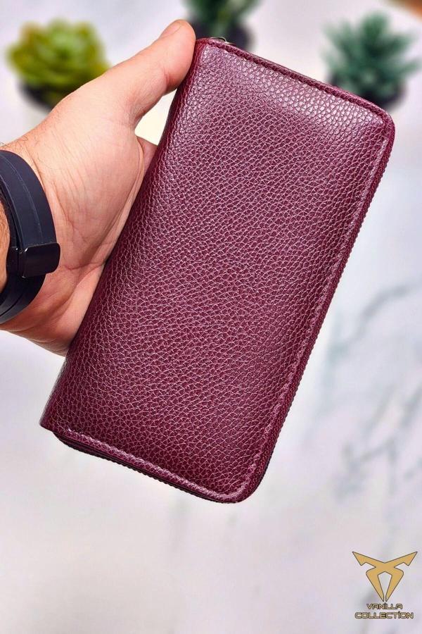 Xclub Model Unisex Telefon Bölmeli El Geçmeli Kordonlu Deri Portföy Kartlık Uzun Cüzdan Bordo - Image 1