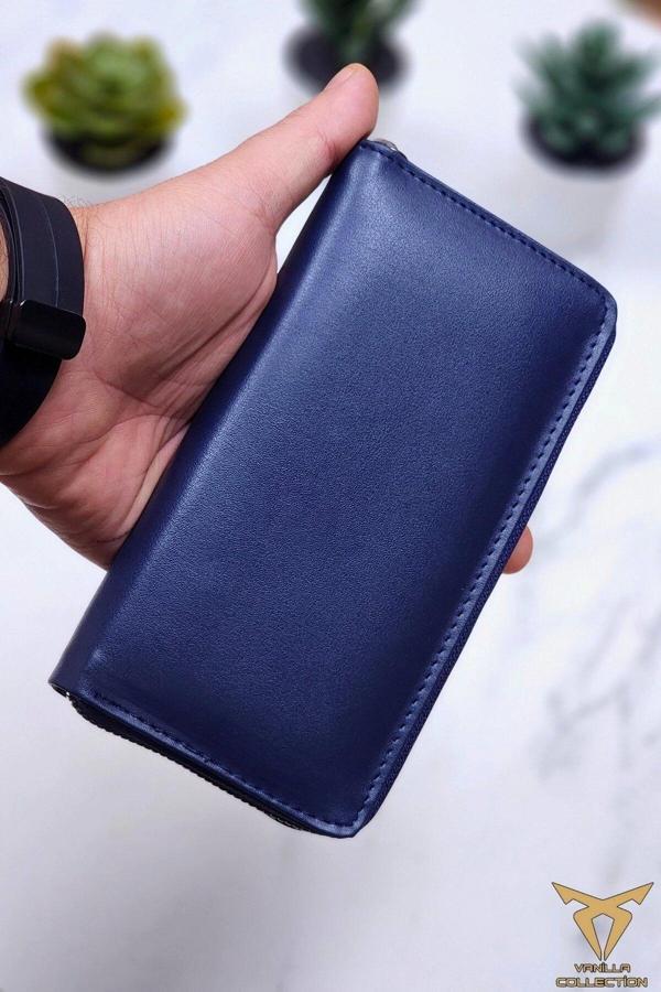 Xclub Model Unisex Telefon Bölmeli El Geçmeli Kordonlu Deri Portföy Kartlık Uzun Cüzdan Lacivert - Image 1