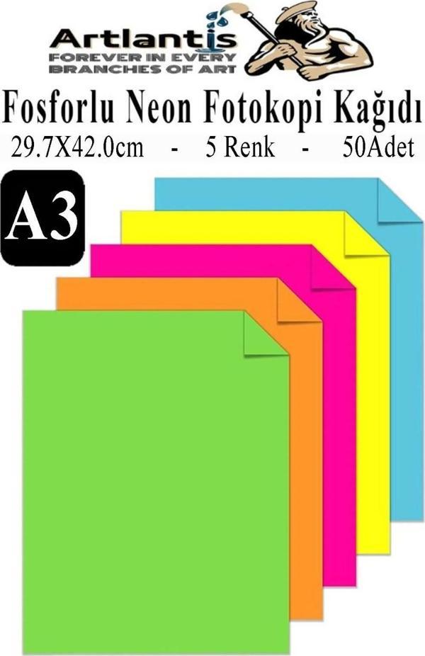 Neon Fosforlu Renkli A3 Fotokopi Kağıdı 50 li 1 Paket 50 Adet Fosforlu 5 Renk Parlak Canlı Renkler Fotokopi Kağıdı - Image 1