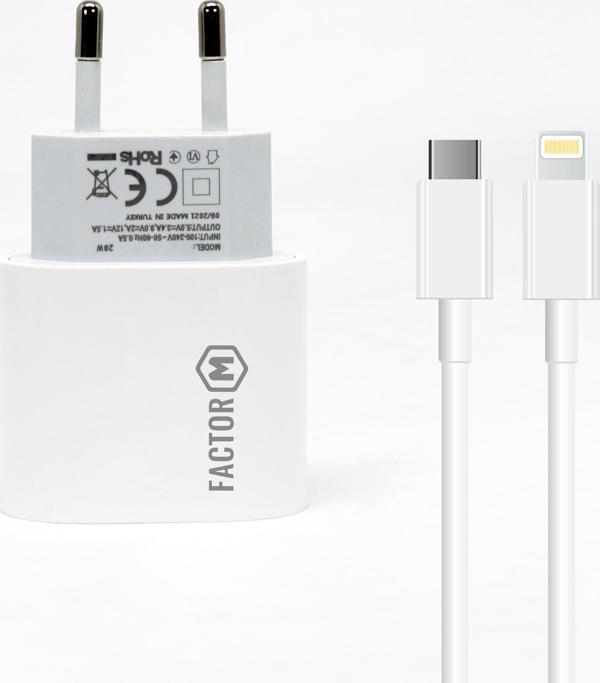 Factor-M Factor M Pd20W Quick Charger 20W­ Type-C To Lightning 1M Kablolu Şarj Set Beyaz - Image 1