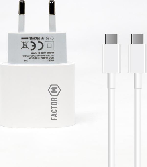 Factor-M Factor M Pd20W Quick Charger 20W­ Type-C To Type-C 3M Kablolu Şarj Set Beyaz - Image 1