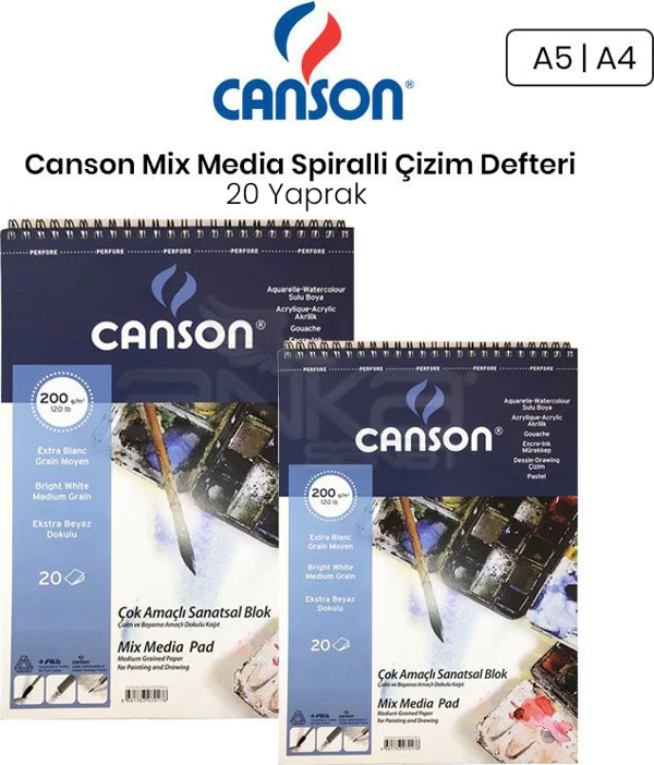 Canson Mix Media Spiralli Çizim Defteri 20 Yaprak 200g - Image 1