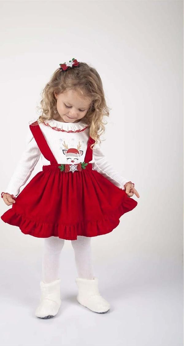 YIL BAŞI TEMALI KIZ ÇOCUK GEYİK DESENLİ BADİLİ SALOPET ELBİSE - Image 1