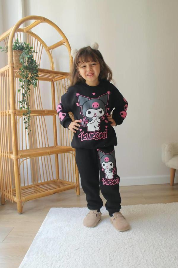 KIZ ÇOCUK 3 İPLİK KUROMİ MODELLİ ŞARDONLU EŞOFMAN TAKIMI - Image 1