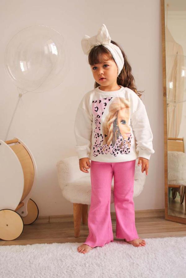 KIZ ÇOCUK LEOPAR BARBİE BASKILI BİSİKLET YAKA EŞOFMAN TAKIMI - Image 1