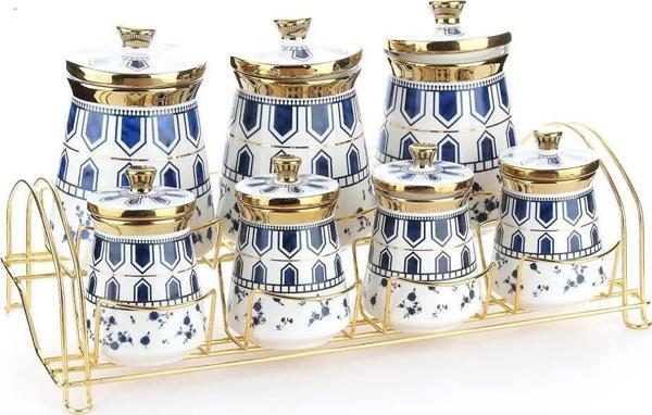 Porselen Baharat Takımı Metal Standlı Mavi Desenli - Image 1