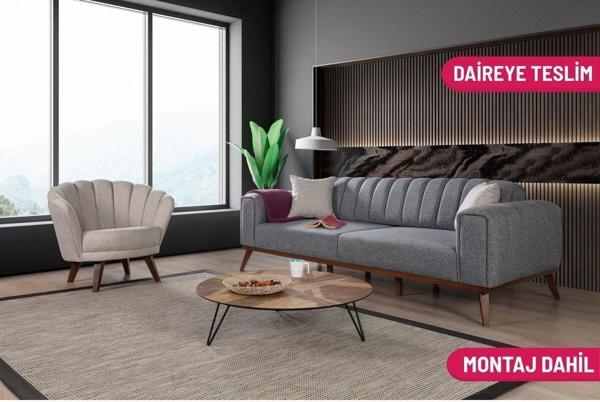 Perla Sofa Velar Koltuk Takımı Keten Açık Gri - Image 1