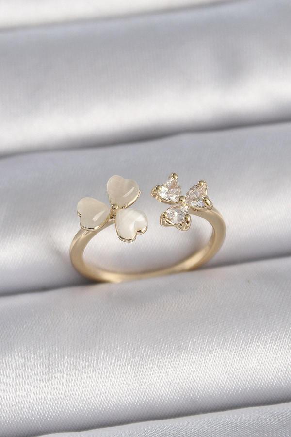 Gold Renk Ayarlanabilir Zirkon Taşlı Kalp Beyaz Mineli Model Kadın Yüzük - EBJ261410W29247 - Image 1