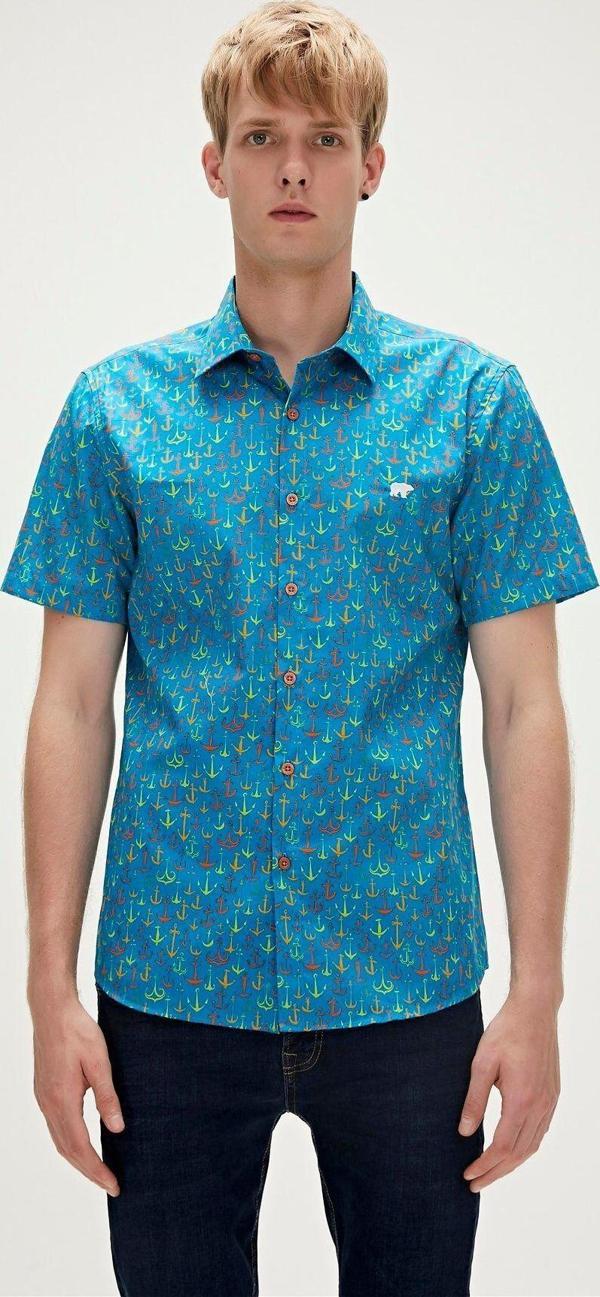 Bad Bear Anchor Shirt Mavi Kısa Kollu Baskılı Erkek Gömlek - Image 1
