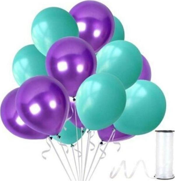 EveFix 30 Adet Su Yeşili-Mor Metalik Sedefli Balon - Image 1