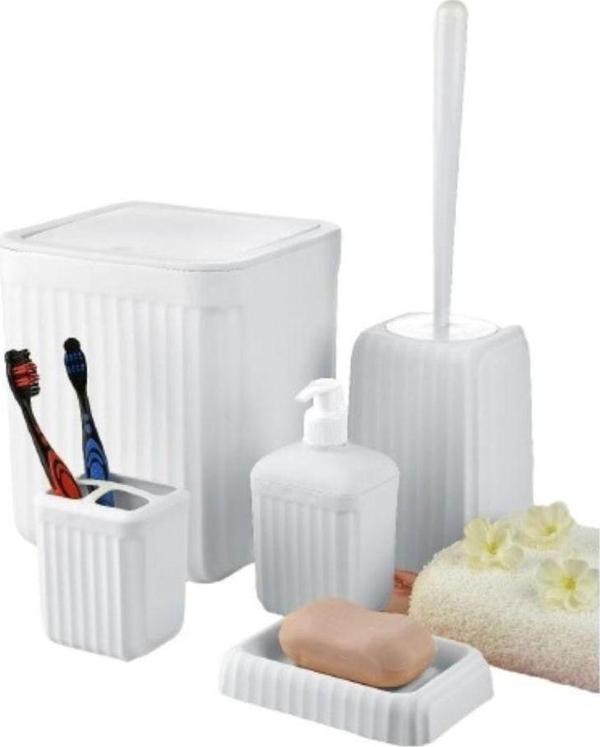 EveFix Banyo Seti 5 Parça - Çöp Kovası-Tuvalet Fırçası-Sıvı Sabunluk-Katı Sabunluk-Diş Fırçalık - Image 1