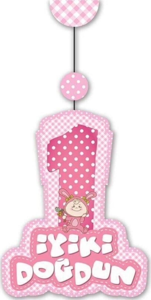 EveFix Pembe Renk Asmalı Iyiki Doğdun Yazılı 1 Yaş Kız 3Lü Süs Set - Image 1