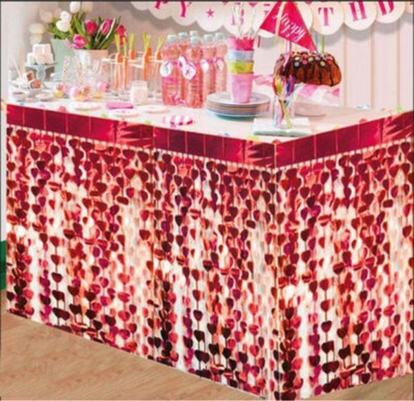 EveFix Püsküllü Işıltılı Metalize Kırmızı Kalpli Masa Eteği 75X360 Cm - Image 1