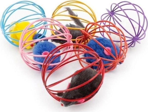 EveFix Renkli Metal Kafesli Peluş Fareli Kedi Köpek Oyuncağı Oyun Topu 6 Cm - Image 1