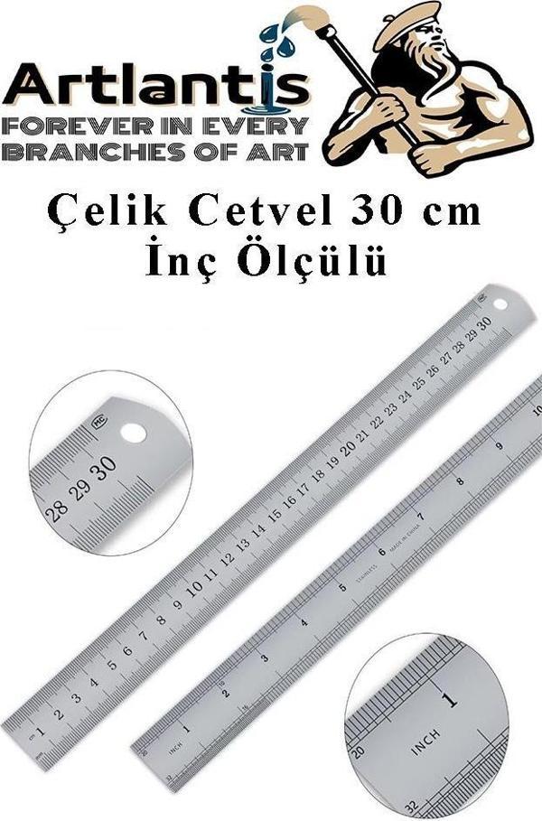 Çelik Cetvel 30 cm İnç Ölçülü 1 Adet Paslanmaz Çelik Metal Çetvel 30 Santimetre - Image 1