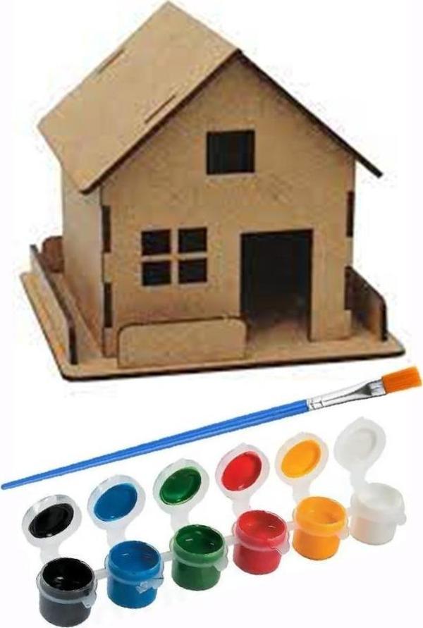 Ev Boyama Seti Ahşap Çitli 1 Paket Mdf Ev Maketi Çitli Akrilik Boya ve Resim Fırçası - Image 1