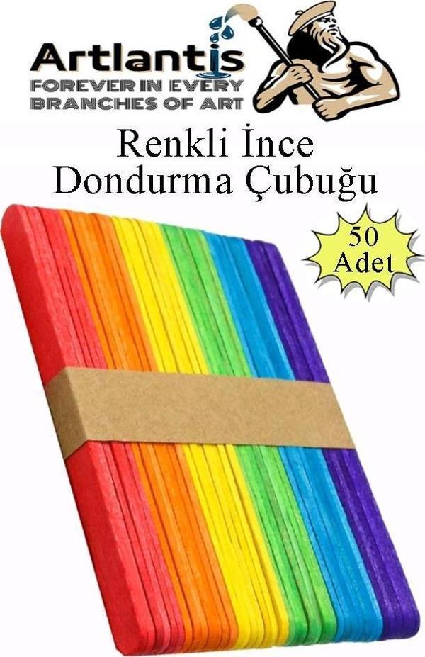 Renkli Dar Dil Çubuğu 50 Adet Ahşap Dondurma Çubuğu Renkli Maket Hobi Okul Proje Tasarım - Image 1