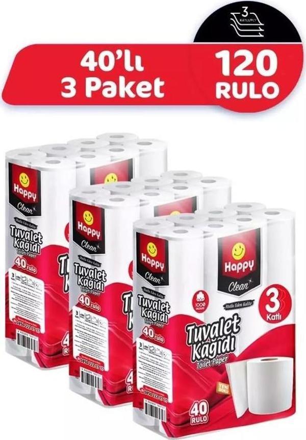 Happy Clean Üç Katlı Tuvalet Kağıdı 40 lı x 3 Adet - Image 1