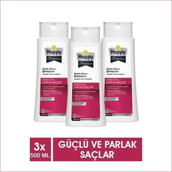 Happy Premium Güçlü Parlak Saçlar Klasik Bakım Şampuanı 500ml x 3 Adet - Image 1