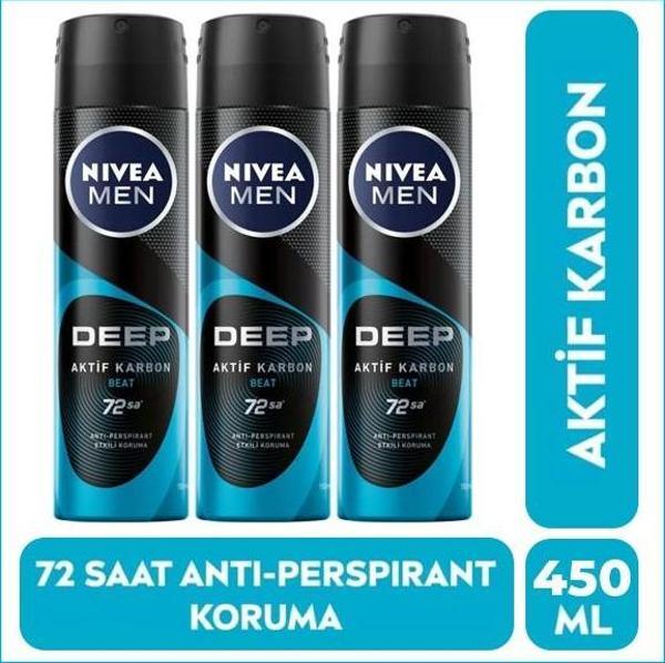 Nivea Erkek Deep Beat Aktif Karbon Deodorant 150 ml x 3 Adet - Image 1
