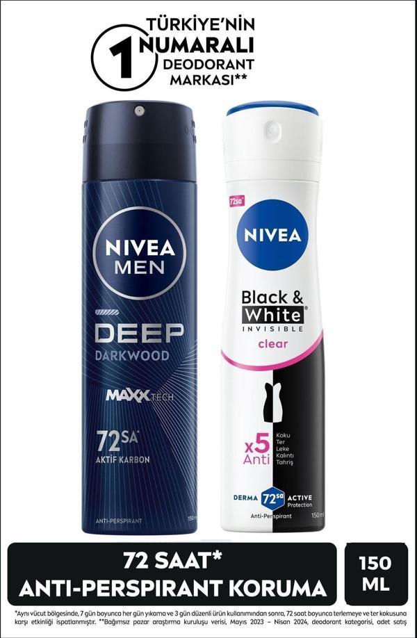 MEN Erkek Sprey Deodorant Deep Dimension 150ml ve Kadın Sprey Deodorant Black&White Invisible Clear - Image 1