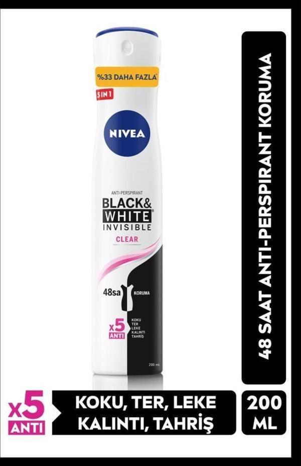 Kadın Sprey Deodorant Black&white Invisible Clear 200ml, 48 Saat Anti-perspirant Ter Koruması - Image 1