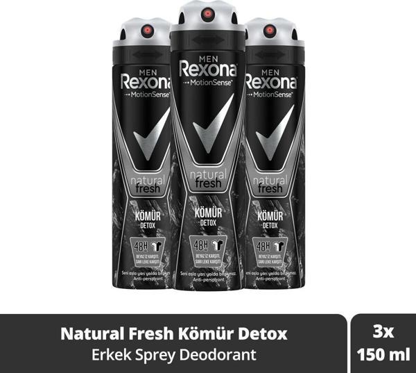 Rexona Men Erkek Sprey Deodorant Natural Fresh Kömür Detox 150 Ml X3 Adet - Image 1