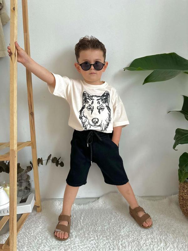ERKEK ÇOCUK KURT MODELLİ KOT ŞORTLU PAMUK TAKIM - Image 1