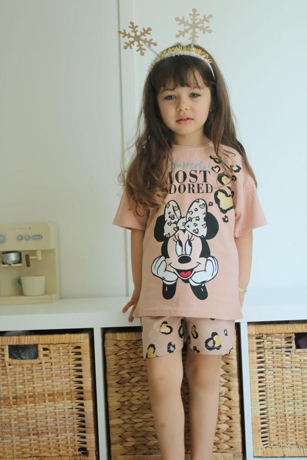 KIZ ÇOCUK MİCKEY LEOPAR MODELLİ PAMUK ŞORTLU TAKIM - Image 1