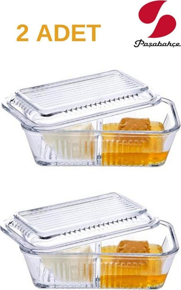 Paşabahçe kapaklı 2 bölmeli kahvaltılık - tereyağlık ballık peynirlik 2 li set - Image 1