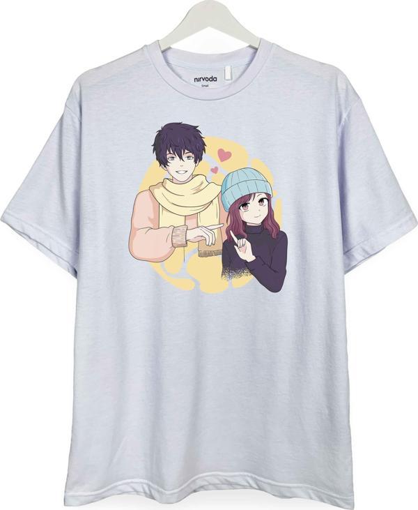 Couple Anime Çifti Baskılı Unisex Bisiklet Yaka Tişört - Image 1