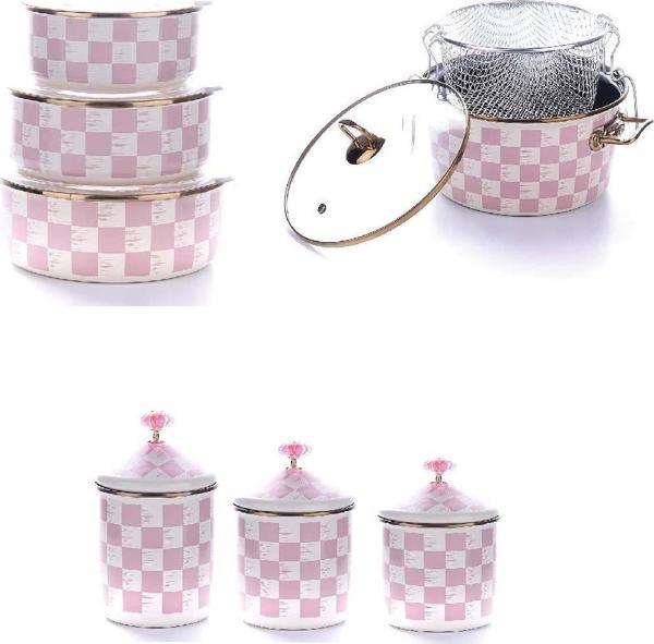 Emaye 3lü Saklama Kızartma Tenceresi ve 3lü Kavanoz Seti Pembe Dama Desen - Image 1
