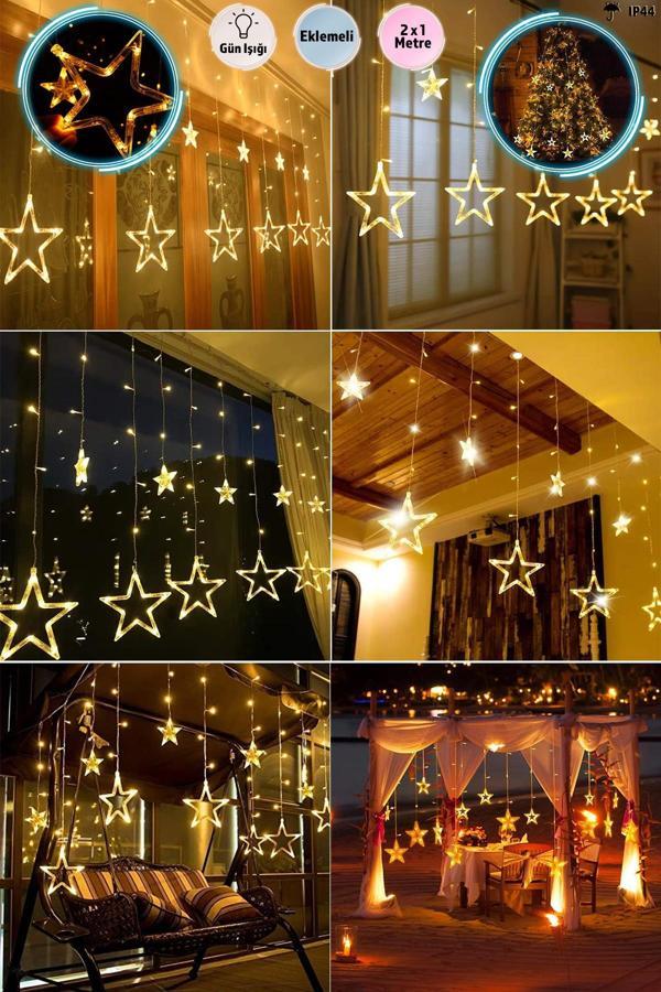 2x1m Eklemeli Gün Işığı 12 Sarkıt Yıldız Led - 8 Modlu Yıldız Led Dekor Led Süsleme Led Yılbaşı Led - Image 1