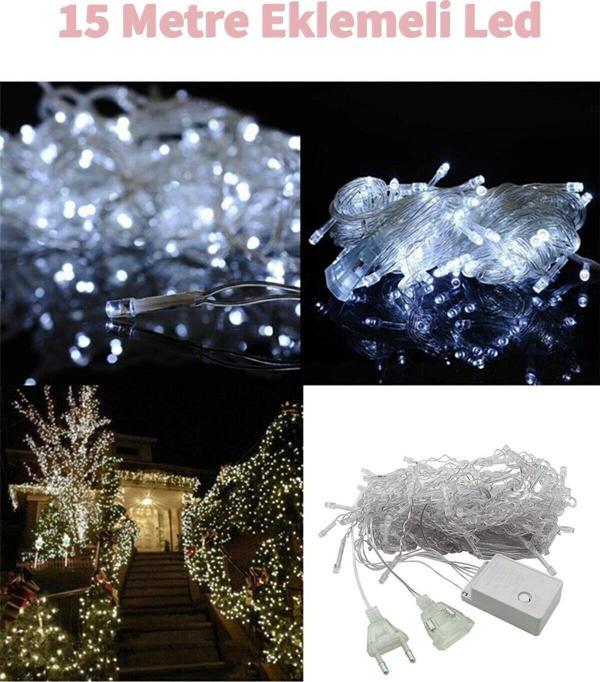 Fonksiyonlu Beyaz Eklemeli 15 Metre Dekor Led - Çam Ağacı Süsü Yılbaşı Süsü - Pirinç Led - Image 1