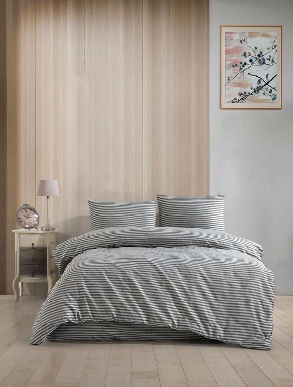 Loyal Home Baroque Gri Çizgili Saten Çift Kişilik Nevresim Takımı - Image 1