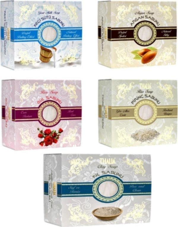 Thalia Bitkisel Sabun Güzellik Seti X5 Keçi Sütü-Kil-Argan-Gül-Pirinç 150 Gr - Image 1