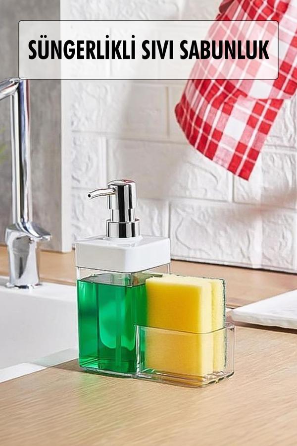 Beyaz Renkli Sıvı Sabunluk Süngerlik Hazneli 450 ml - Image 1