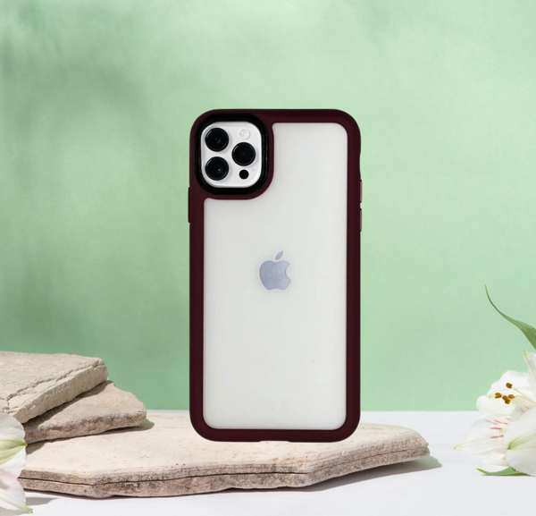 İPHONE 14 PRO YANLARI RENKLİ SİLİKON PARLAK ARKA YÜZEYLİ TİGER HİBRİT KAPAK BORDO - Image 1