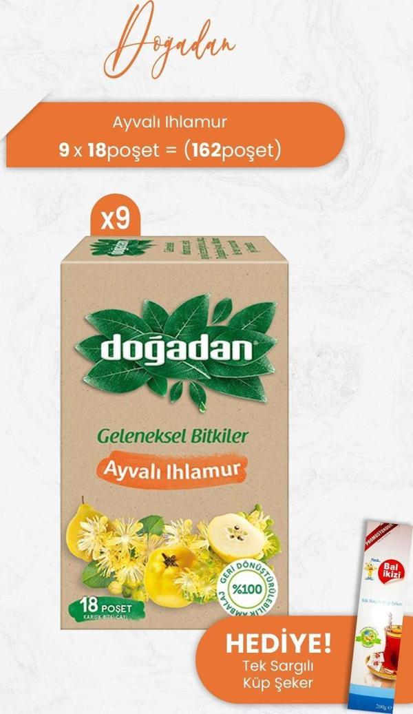 Doğadan Ayvalı Ihlamur Çay 18'li x 9 Adet ve Tek Sargılı Küp Şeker - Image 1