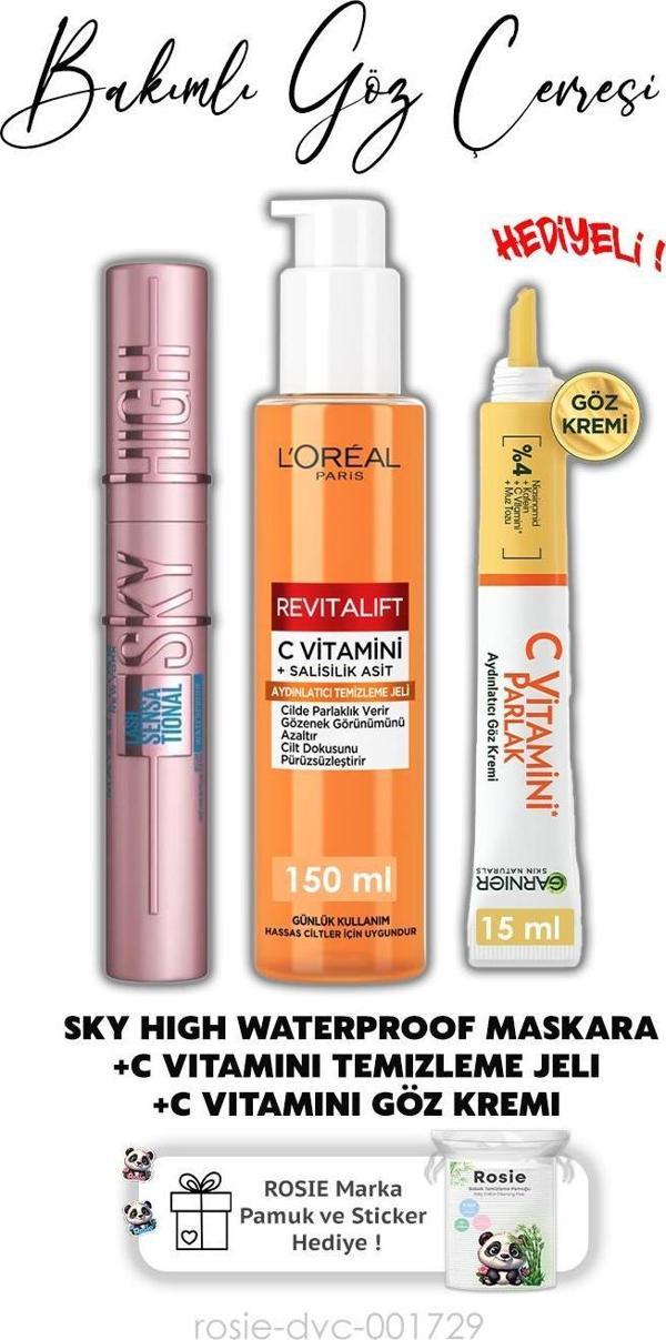 Maybelline Lash Sensational Sky High Maskara,Revitalift Temizleme Jeli 150 ml, C Vitamini Göz Kremi 15 ml ve ROSIE  - Image 1