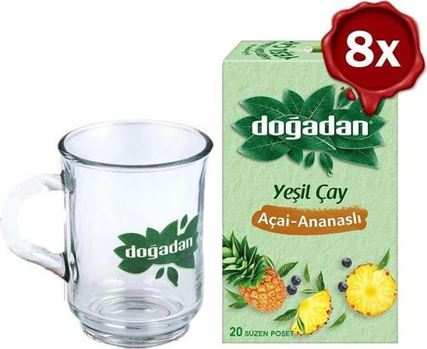 Doğadan Yeşil Çay Açai Ananaslı Bardak Poşet Çay x 8 + Doğadan Cam Bardak   - Image 1