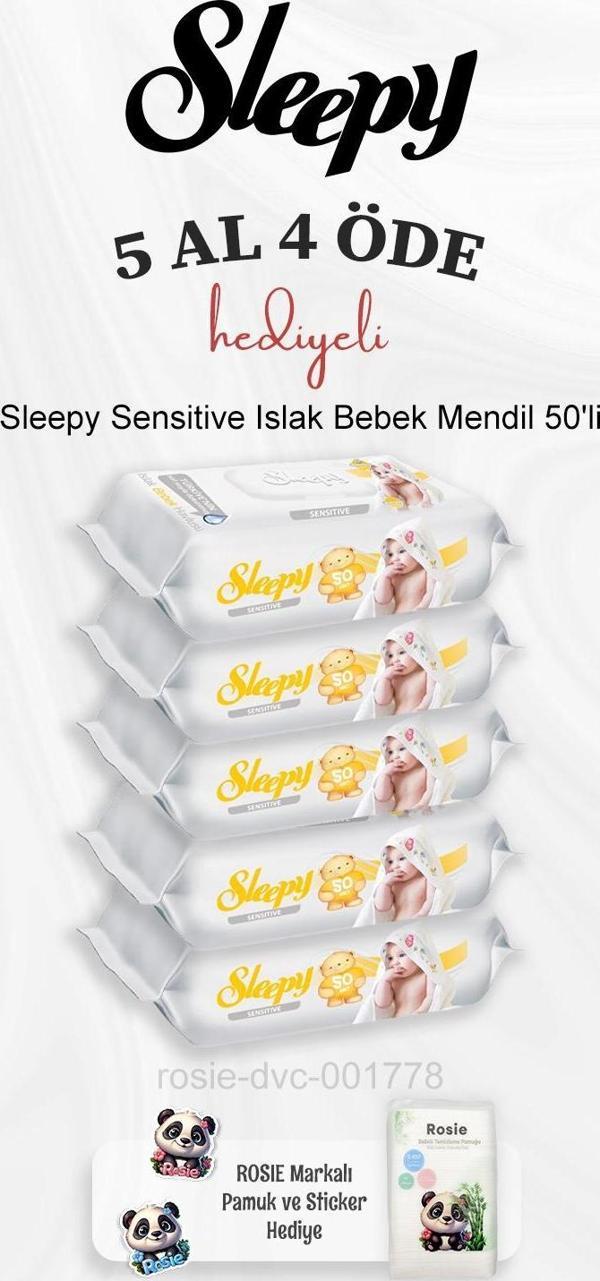 Sleepy Sensitive Islak Bebek Mendil 50'li 5 Al 4 Öde ve Rosie Pamuk - Image 1