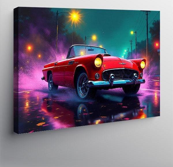 Kanvas Tablo Neon Işıklı Kırmızı Klasik Araba 100cmx140cm - Image 1